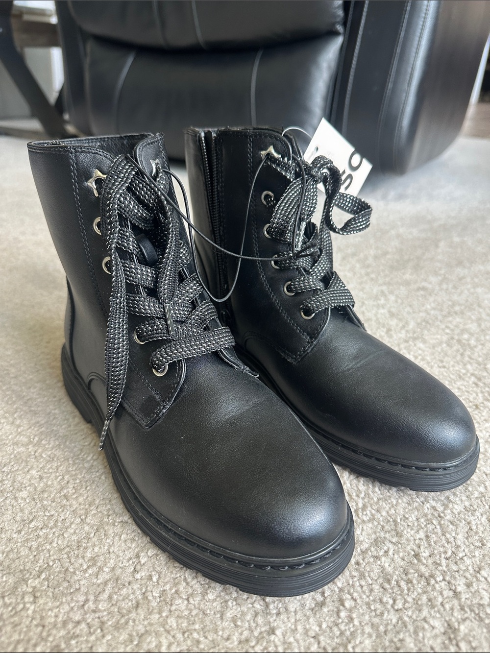 Girls Black Lace-Up Combat Boots - Size 4 - NEW